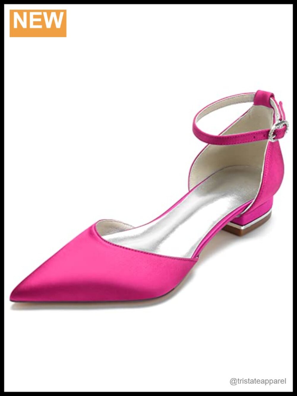 Satin Pointed Toe Wedding Flats Ankle Strap Low Heel Bridal Shoes for Bride